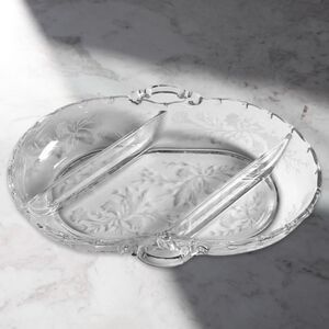 Mid Century Fostoria Heather Etched Crystal 3 Part Oval Relish Dish